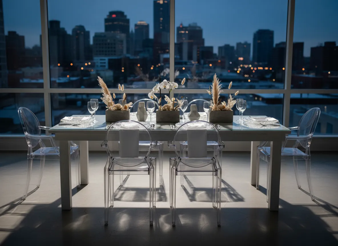 White glass flake charger on modern white and glass table setting Detroit