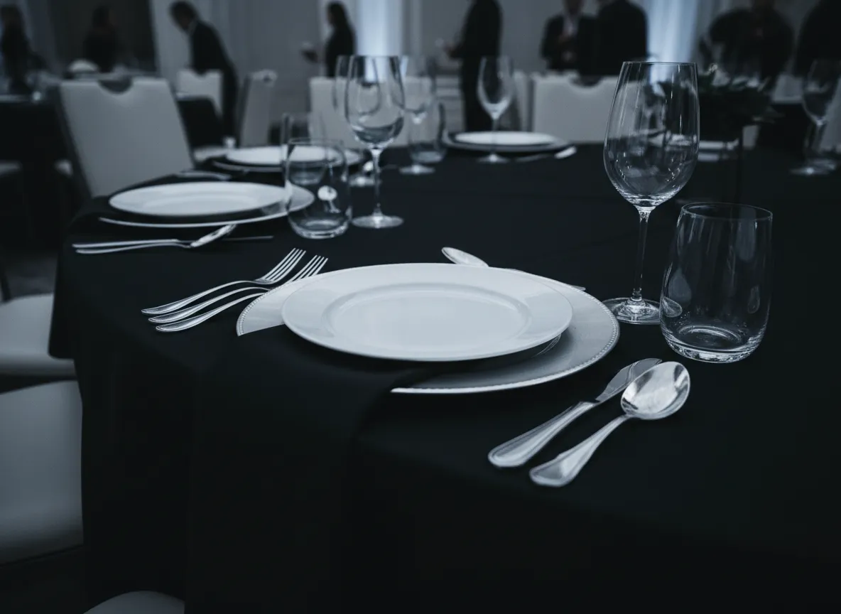Silver glass rimming charger on black linen table setting in Detroit