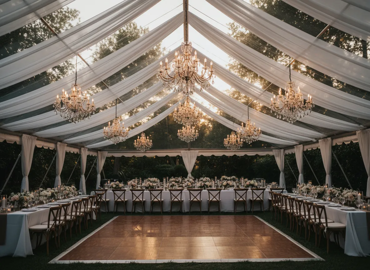 Outdoor tent reception setup with Detroit event rentals
