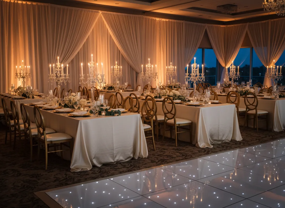 Royal wedding reception setup with Detroit event seating and decor rentals