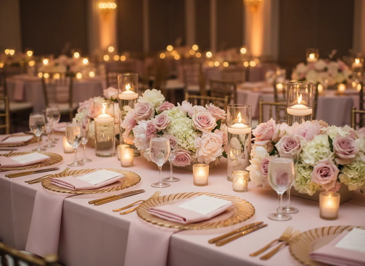 Blush pink wedding reception table with chargers and linens in Detroit