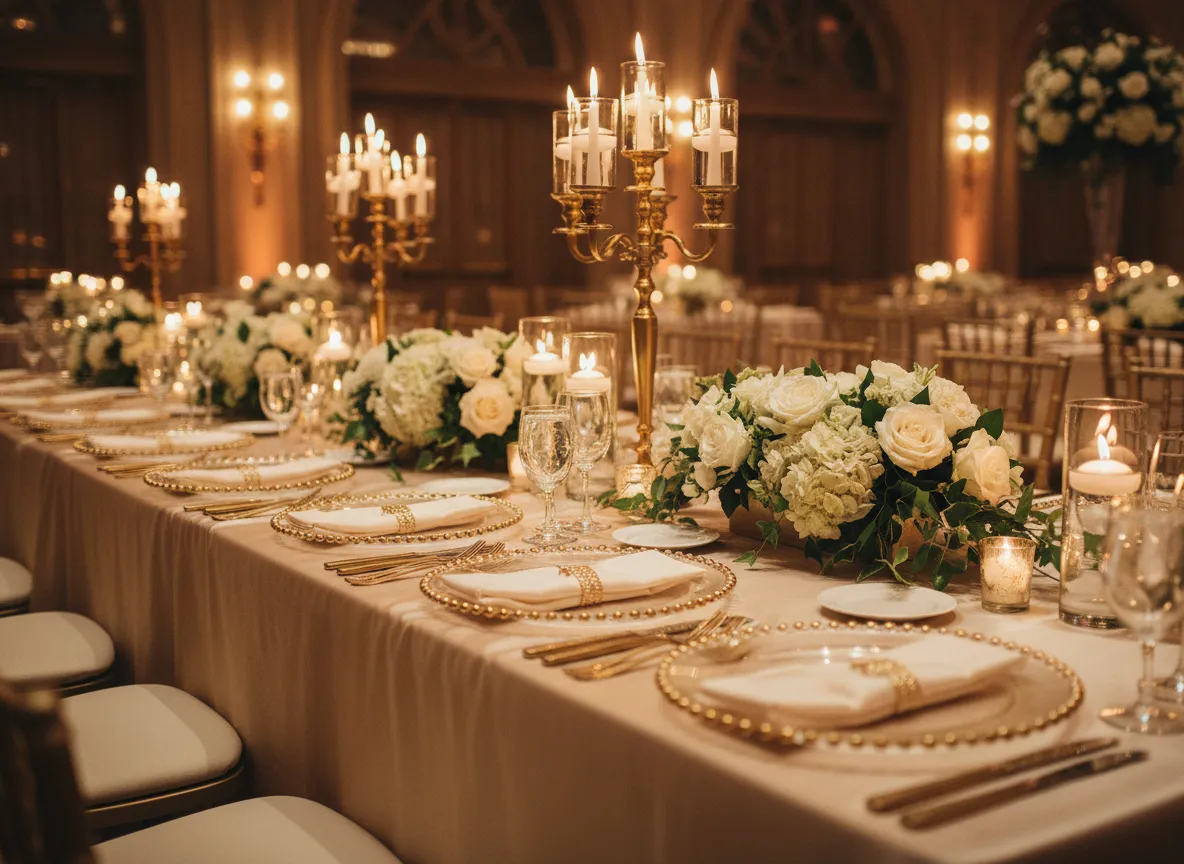 Luxury gold wedding table setup with linens and charger plates in Detroit