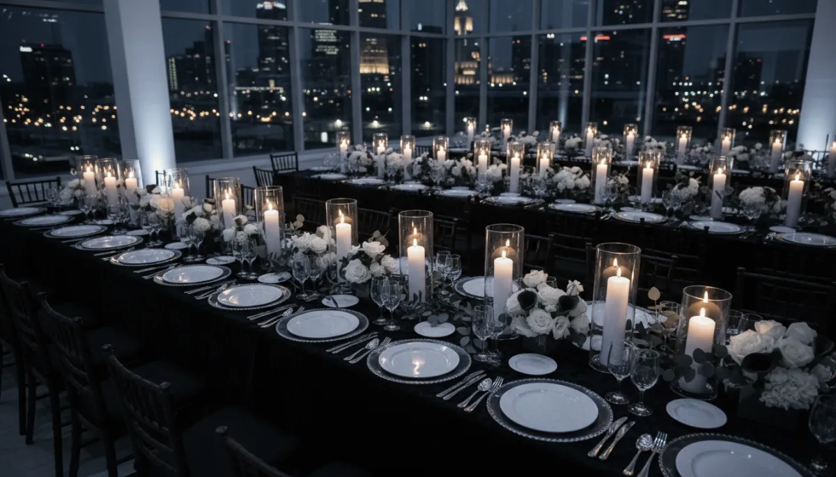 Corporate gala table layout with black linens and silver charger plates in Detroit
