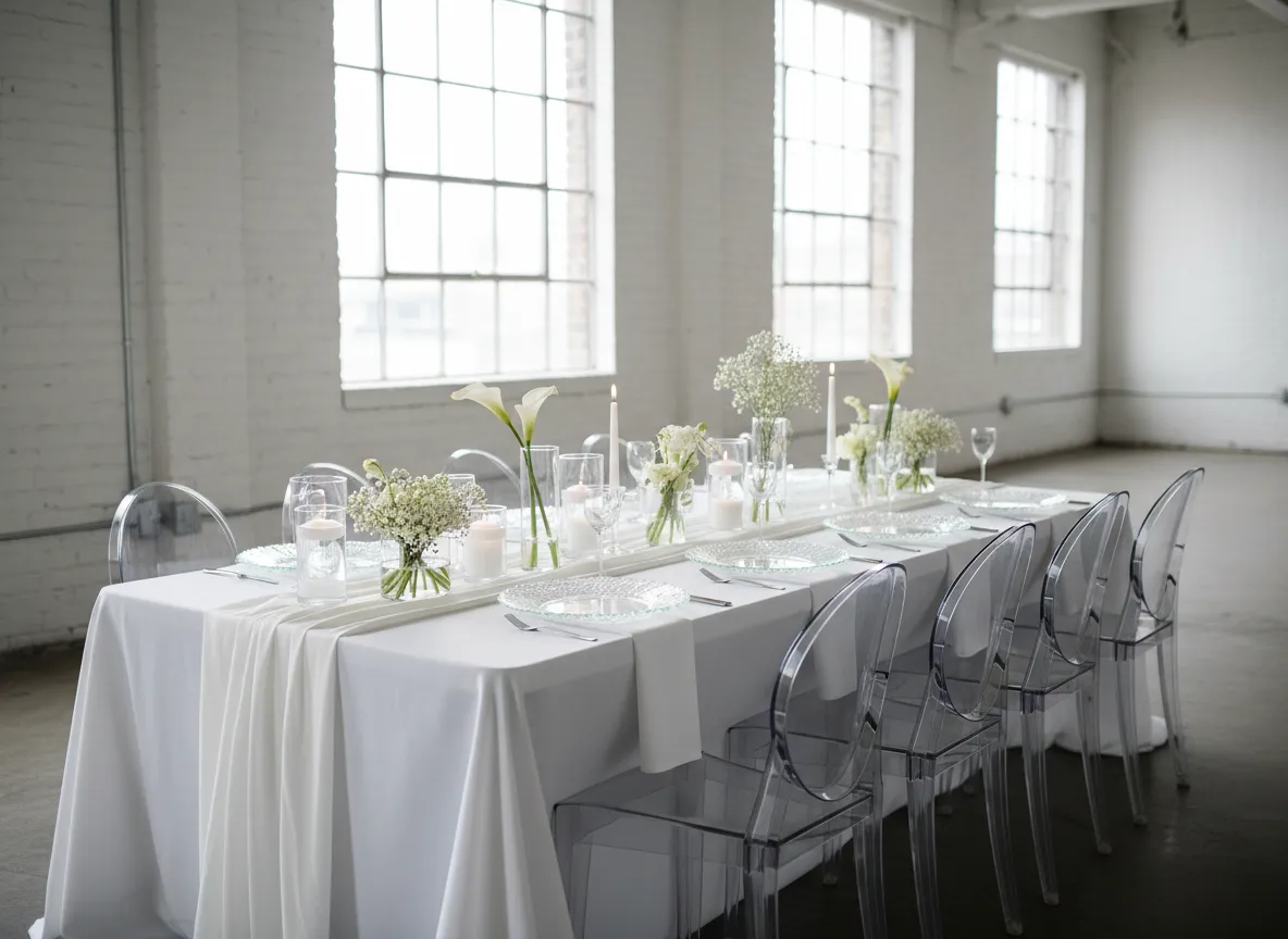 Modern white and glass table setting with white charger plates and linens in Detroit