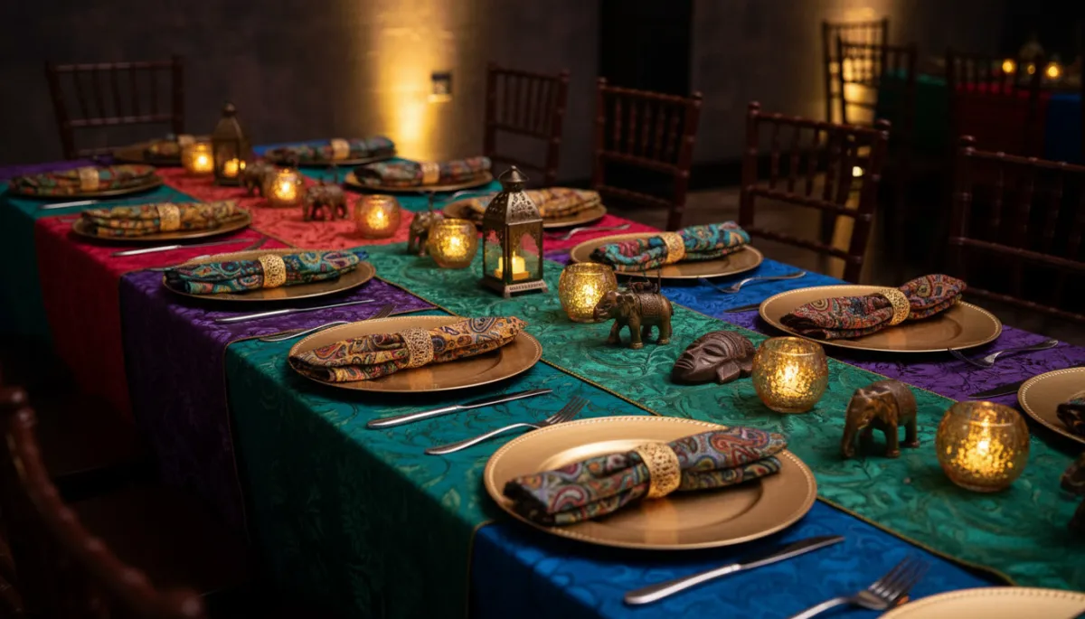 Cultural event banquet table with colorful linens and charger plates in Detroit