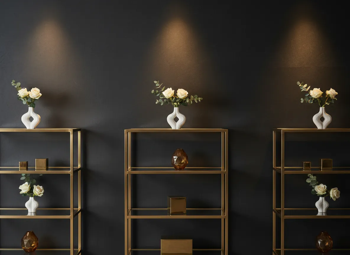 Gold stainless shelving displays with decor and florals