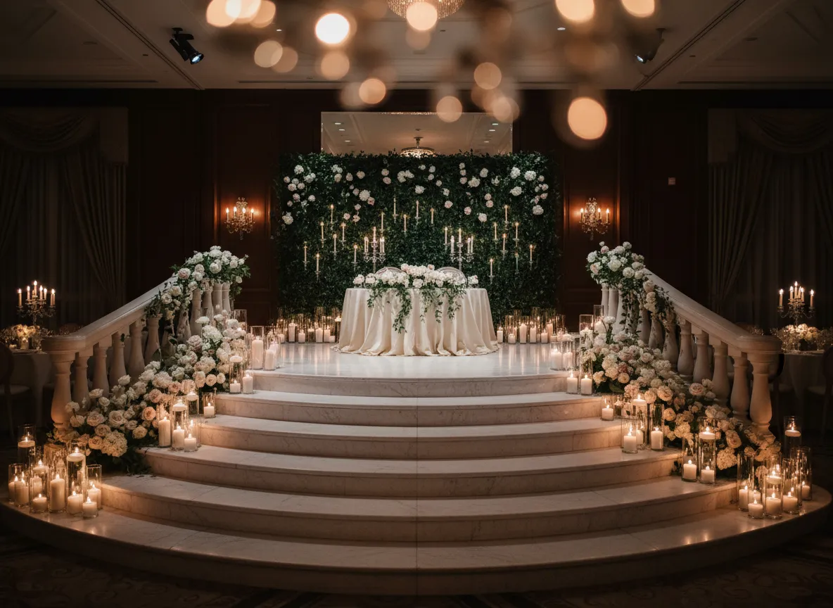 Half moon steps in front of luxury wedding head table