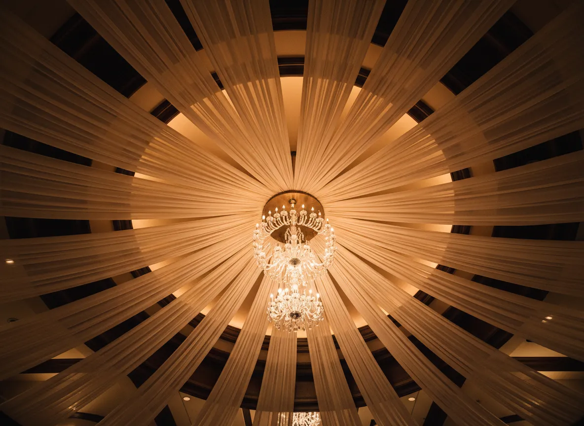 layered ceiling fabric draping design with warm lighting Detroit
