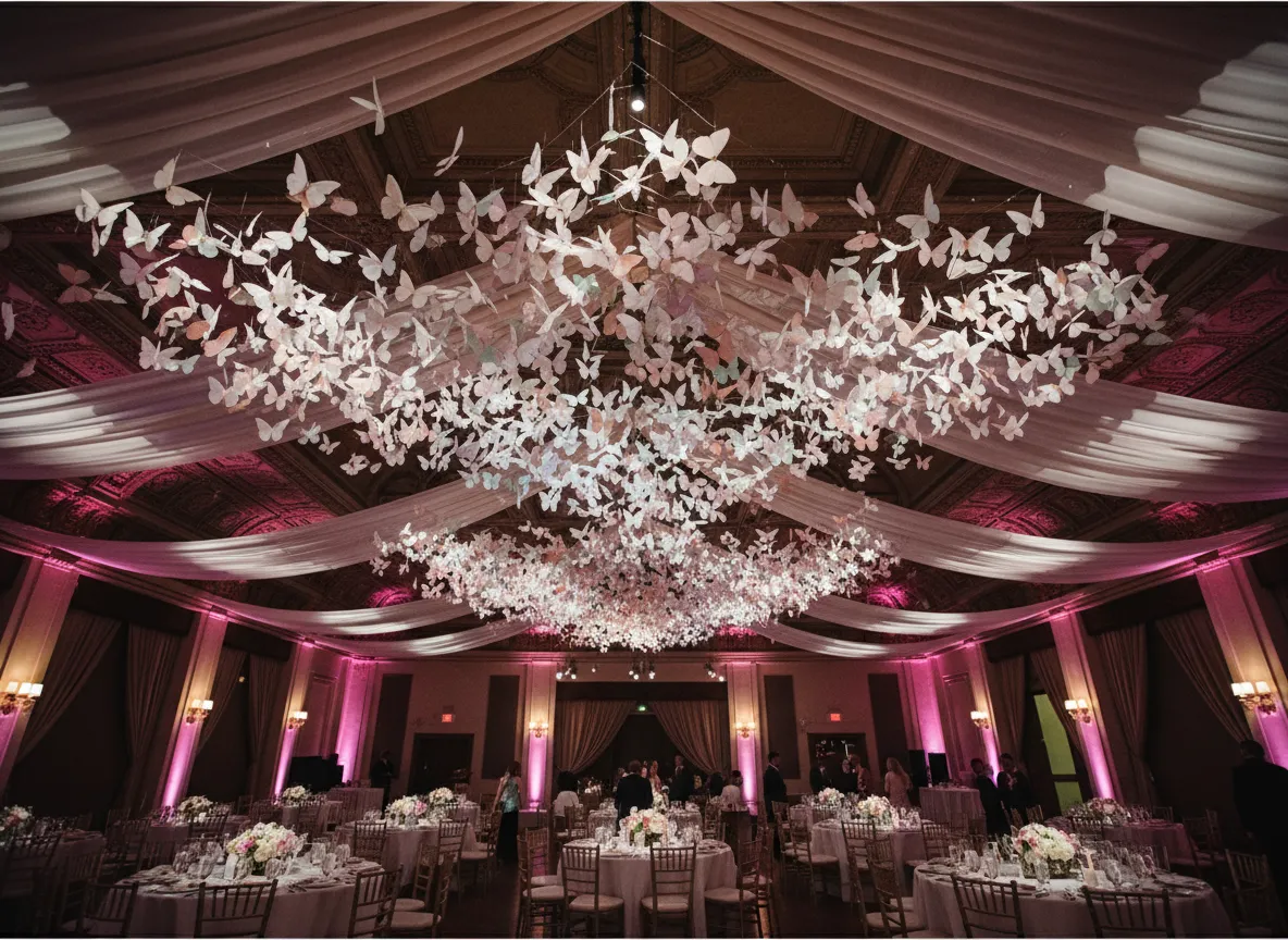 decorative butterfly ceiling installation Detroit wedding decor
