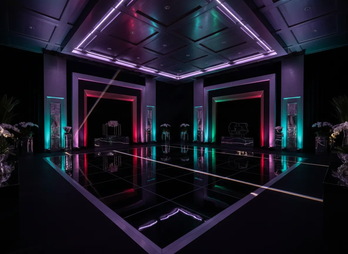 Bold black dance floor with dramatic lighting