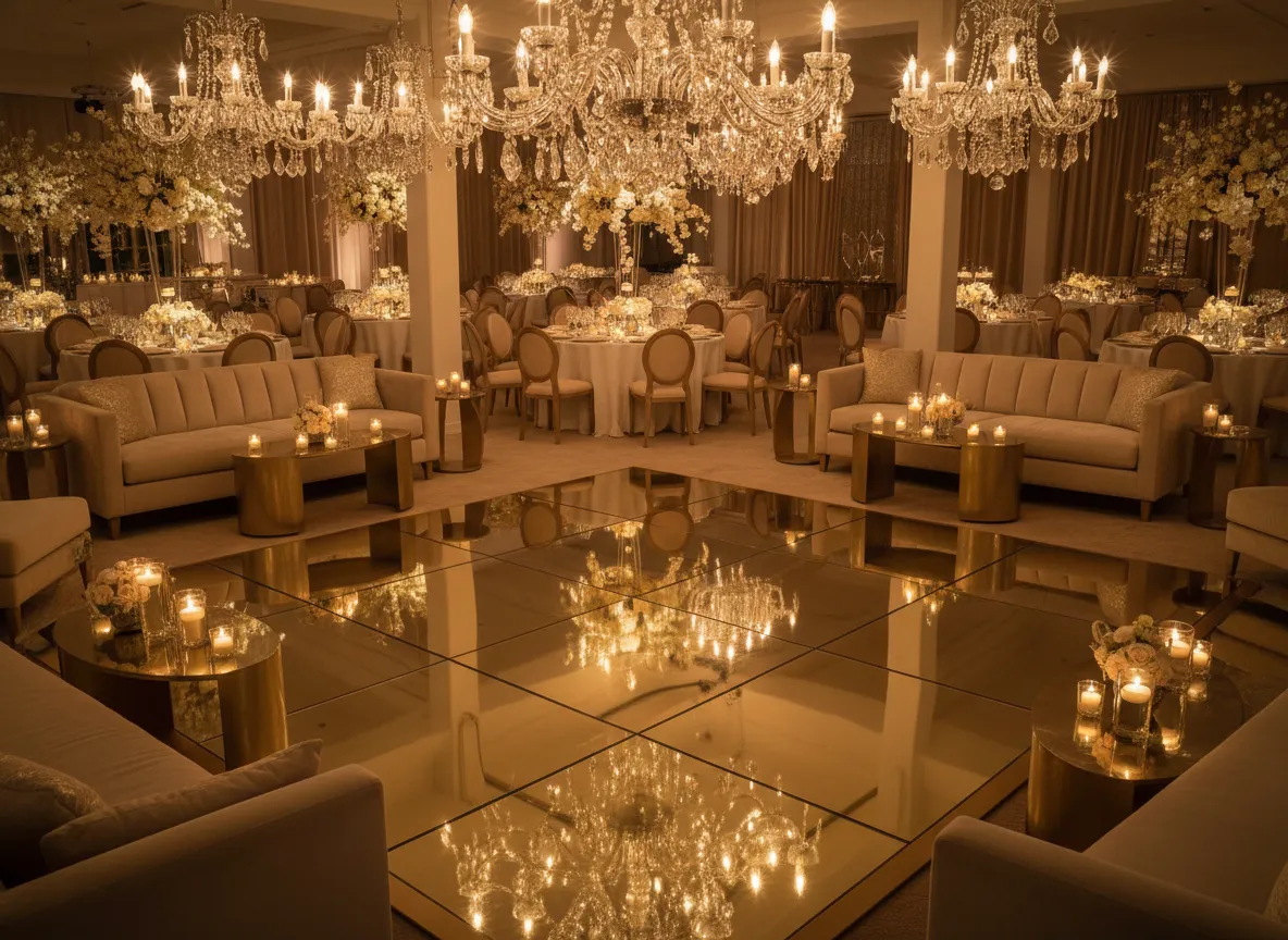 Gold mirror dance floor at a VIP luxury event