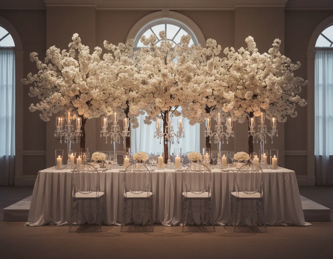 White blossom tree rental behind Detroit wedding head table