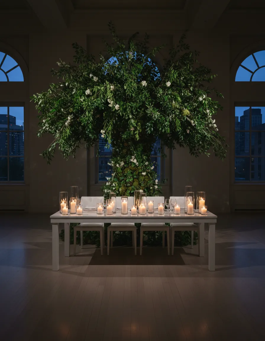 green tree rental behind Detroit wedding head table backdrop
