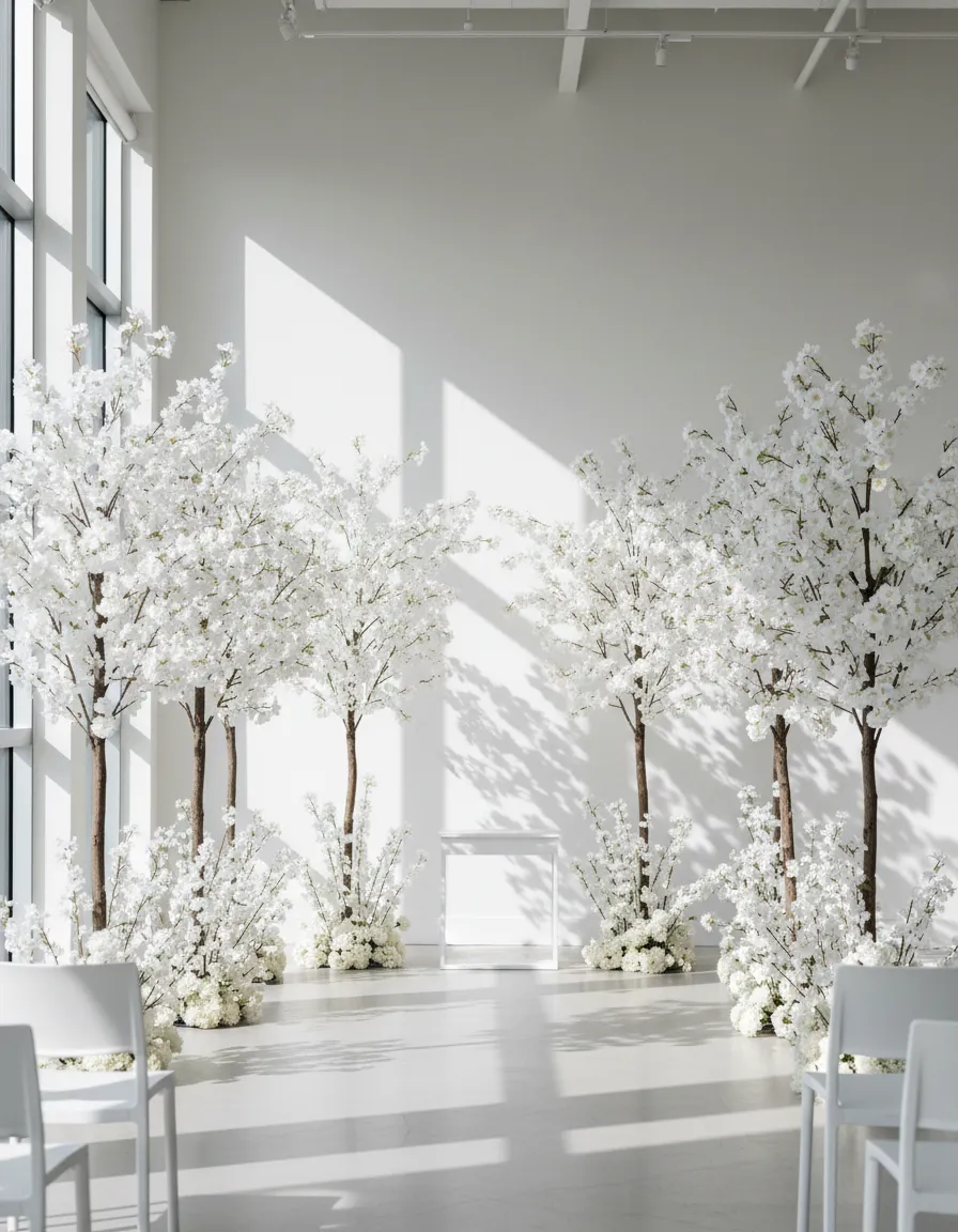white blossom tree wedding backdrop rental in Detroit ceremony