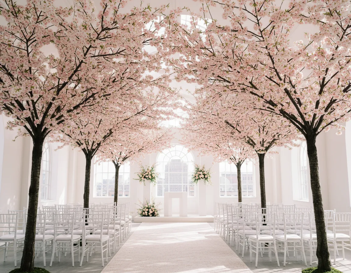 Cherry blossom tree wedding ceremony aisle rental in Detroit