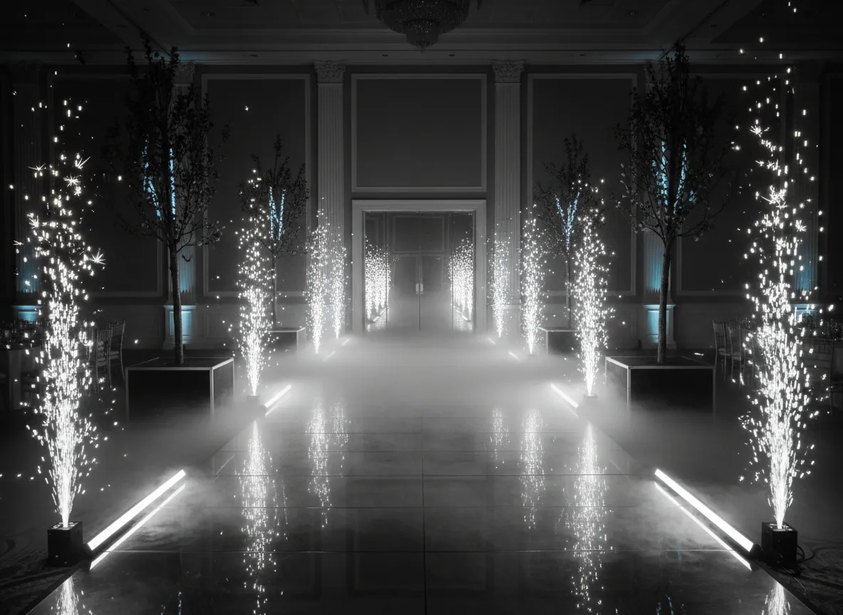 mirror runway grand entrance Detroit wedding with fog and sparklers