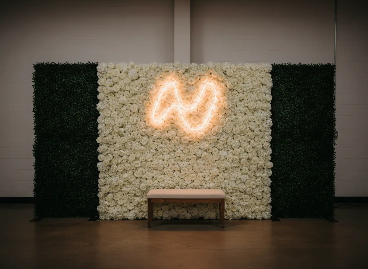 luxury flower wall photo booth rental Detroit with neon sign