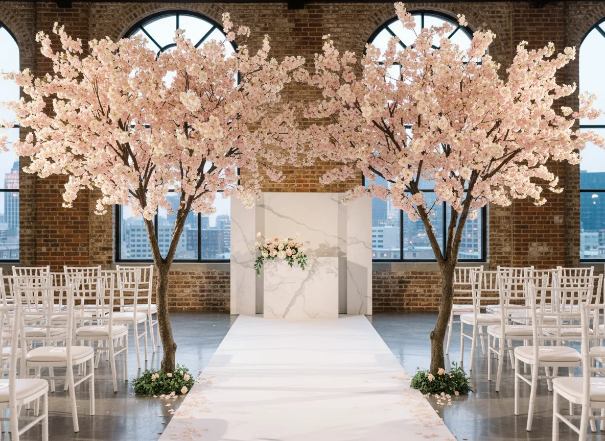 cherry blossom wedding ceremony Detroit with feature trees and aisle decor