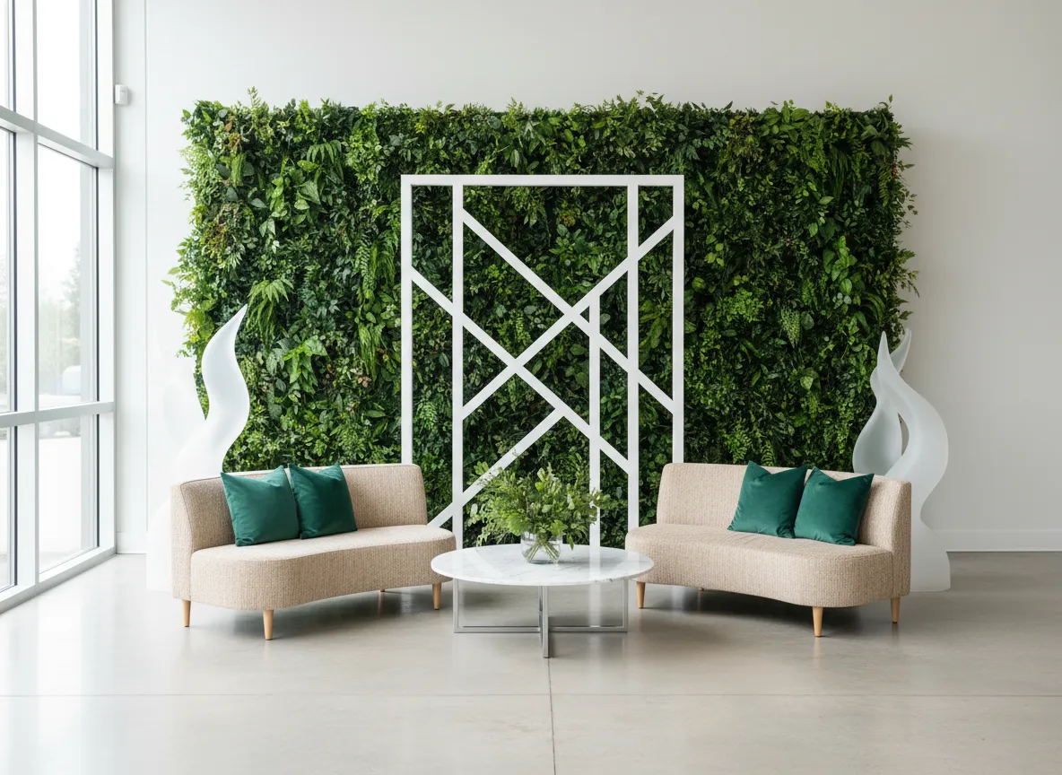 Decor installation with feature wall and greenery rentals