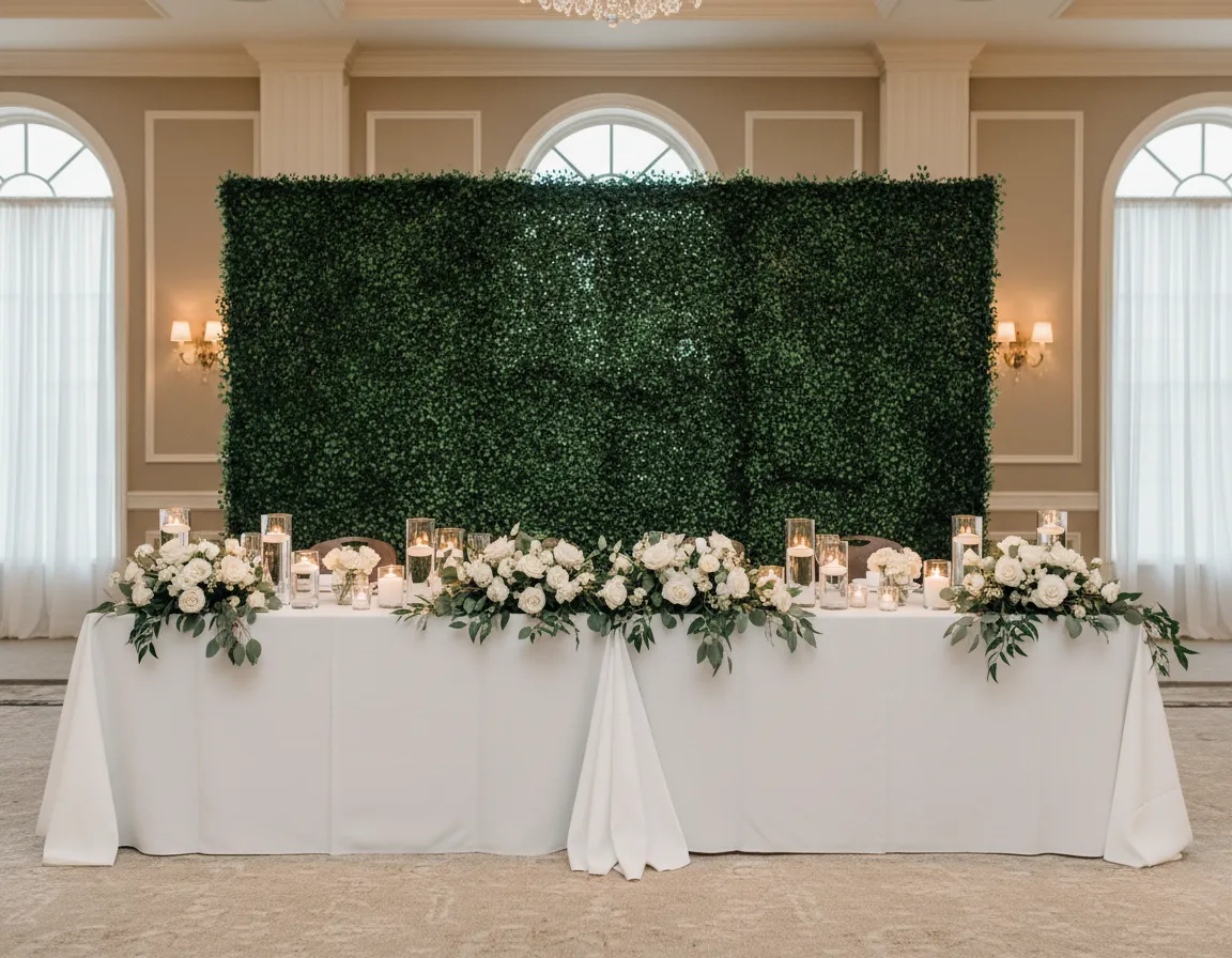 green hedge wall behind Detroit wedding head table