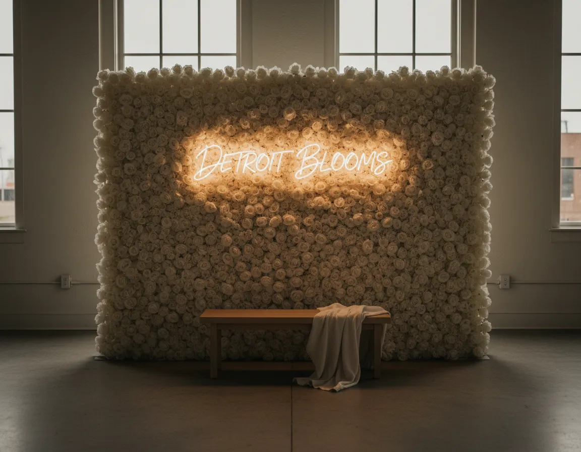 flower wall rental Detroit photo booth backdrop setup
