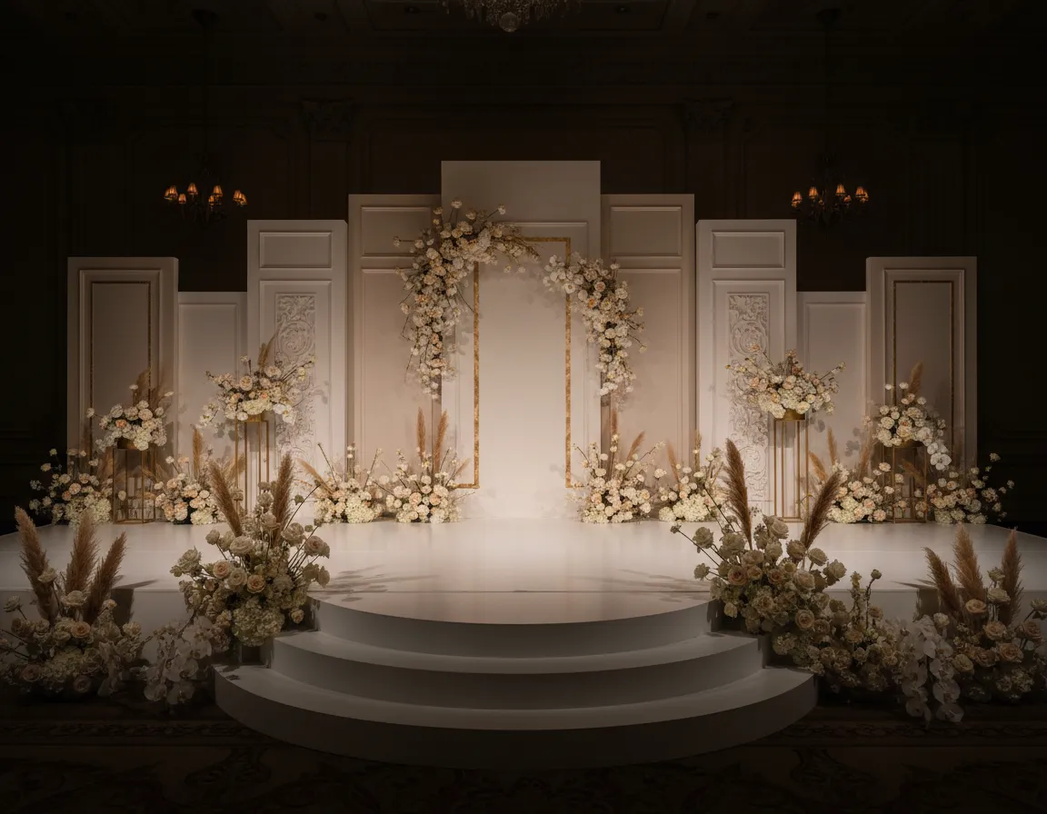 Luxury wedding stage installation with custom backdrop