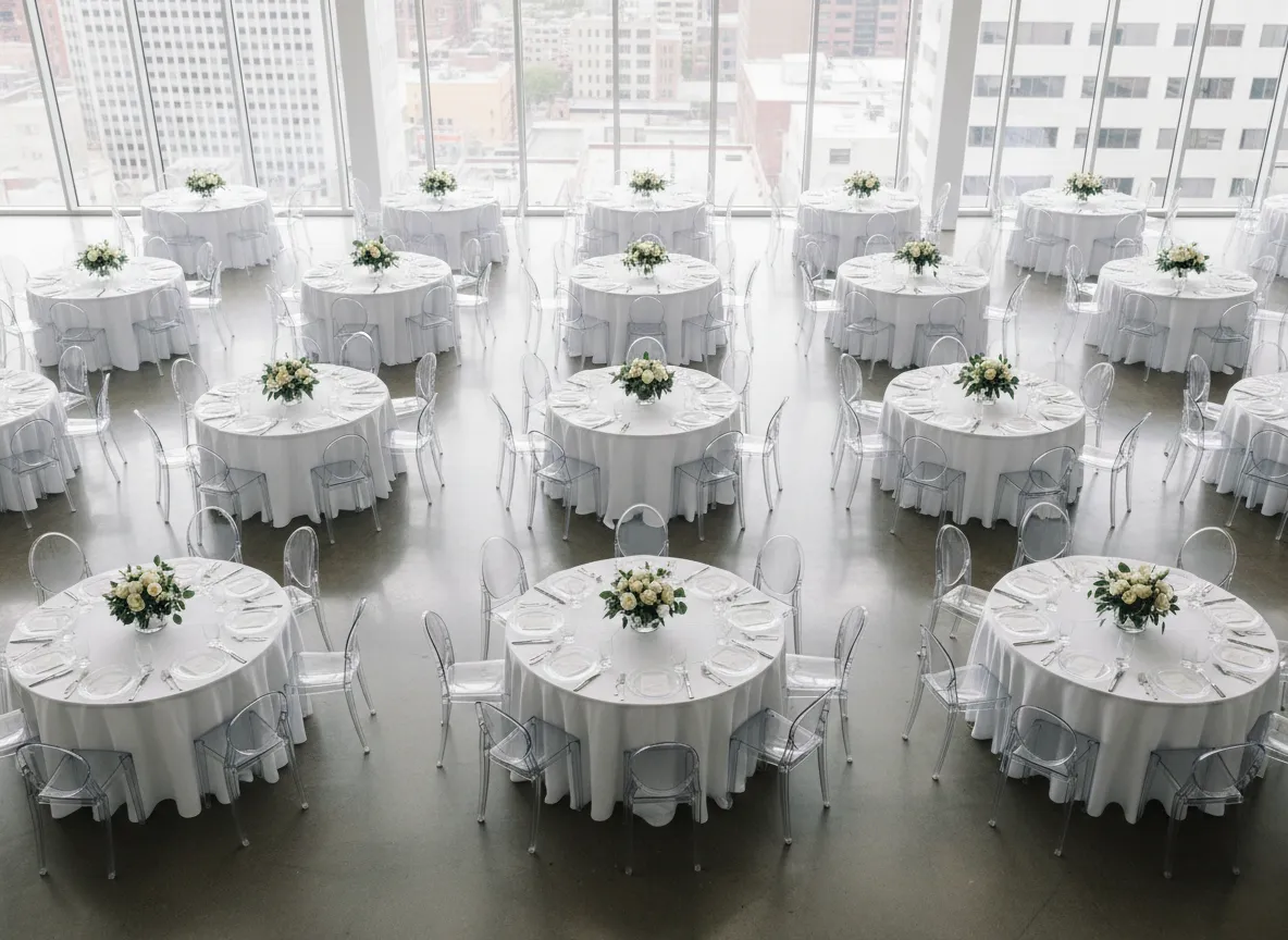 round banquet tables with ghost chairs and chargers in Detroit
