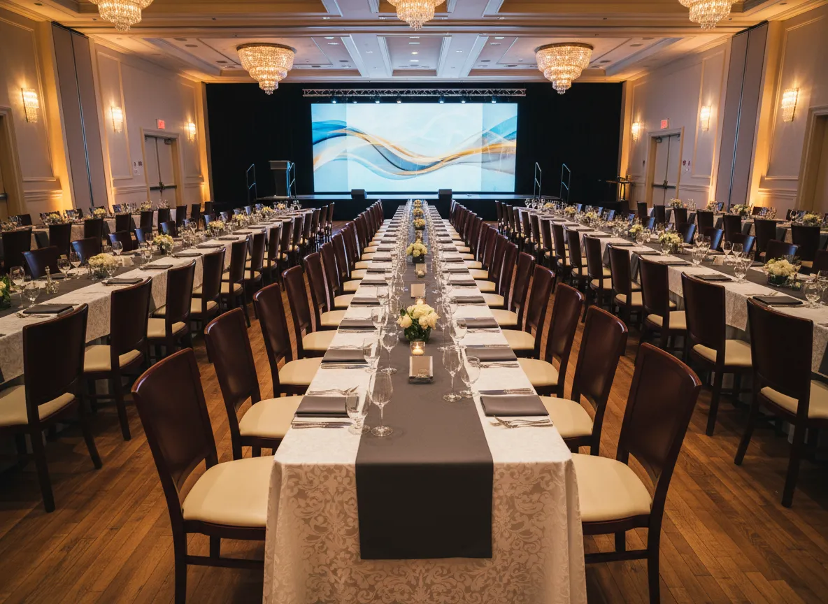 corporate gala event setup Detroit with captain chairs and long tables
