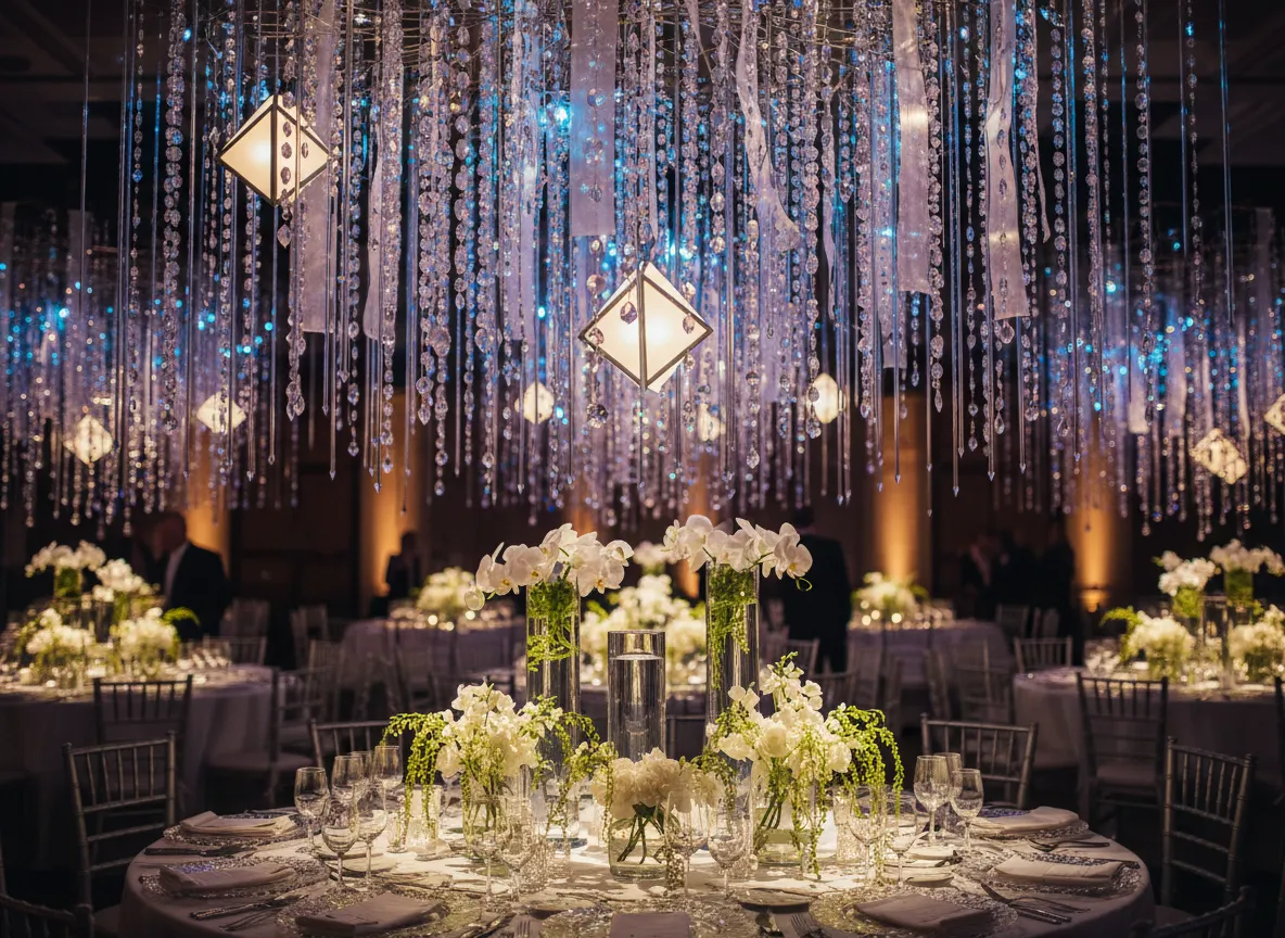 Detroit corporate gala centerpieces and ceiling decor installation