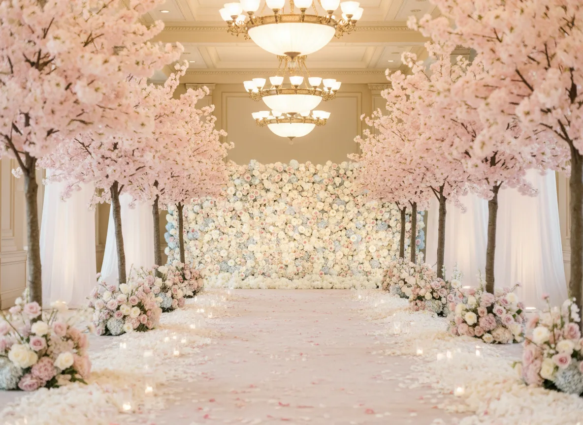 Detroit wedding ceremony aisle with cherry blossom trees and flower wall