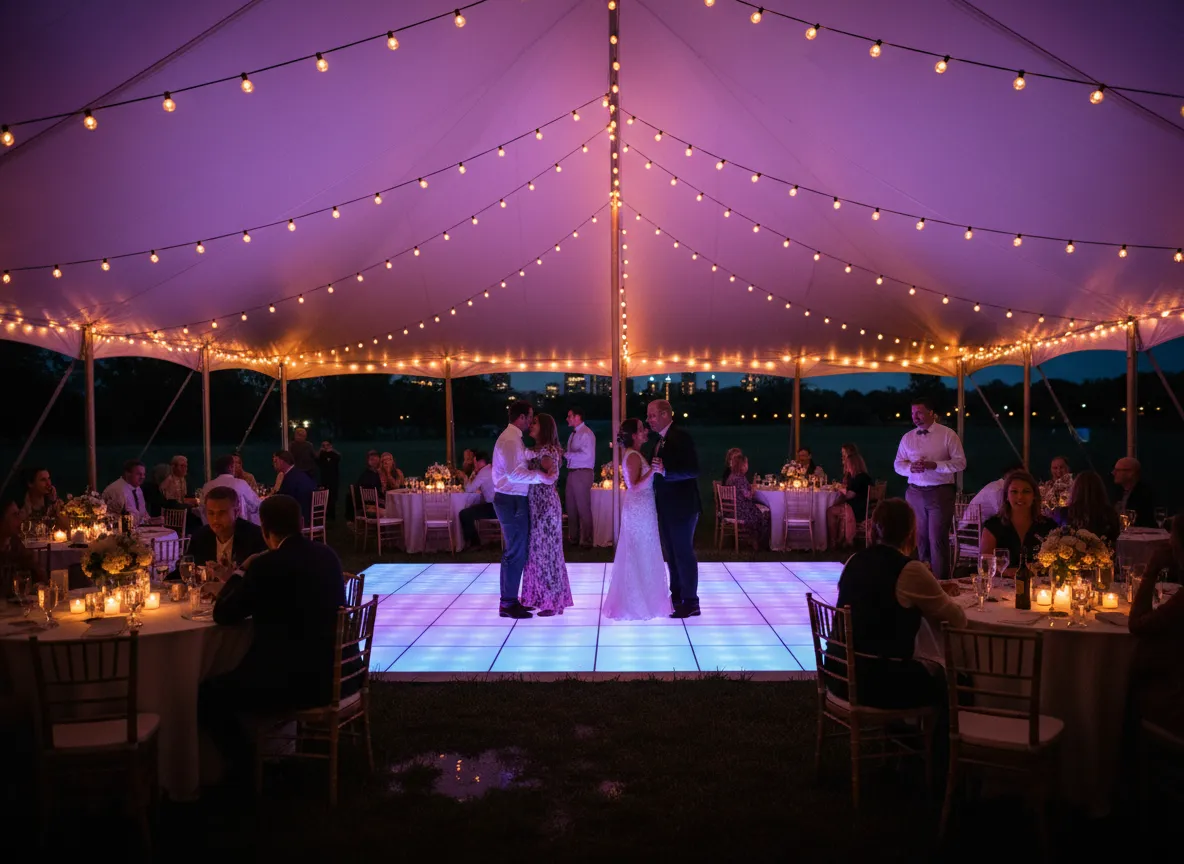 nighttime tent reception with dance floor and string lighting Detroit