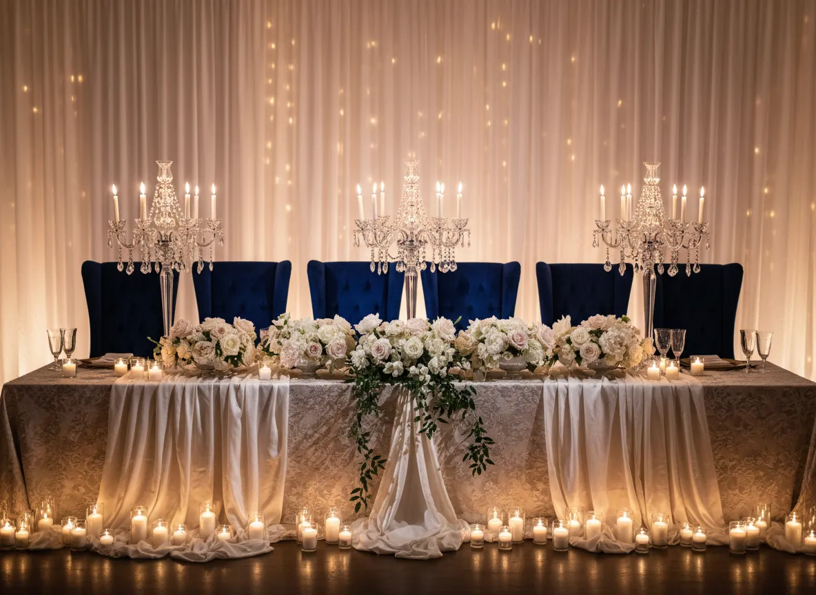 Detroit luxury wedding head table setup with regal chairs and crystal decor