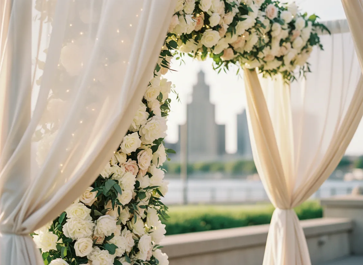 flower wall and draping ceremony design by Detroit event rentals