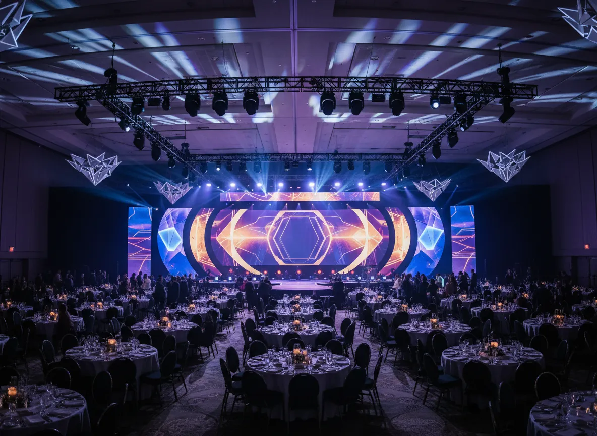 wide shot of corporate gala layout with stage and event rentals in Detroit