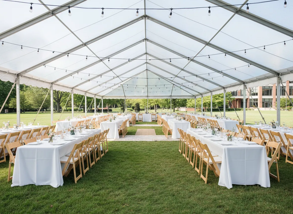 frame tent wedding reception layout with banquet tables and chairs in Detroit