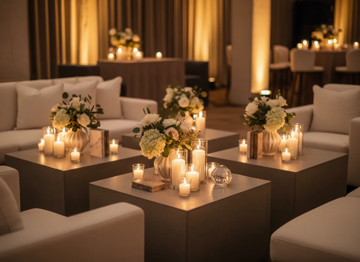 Detroit VIP event lounge with coffee tables and decor lighting