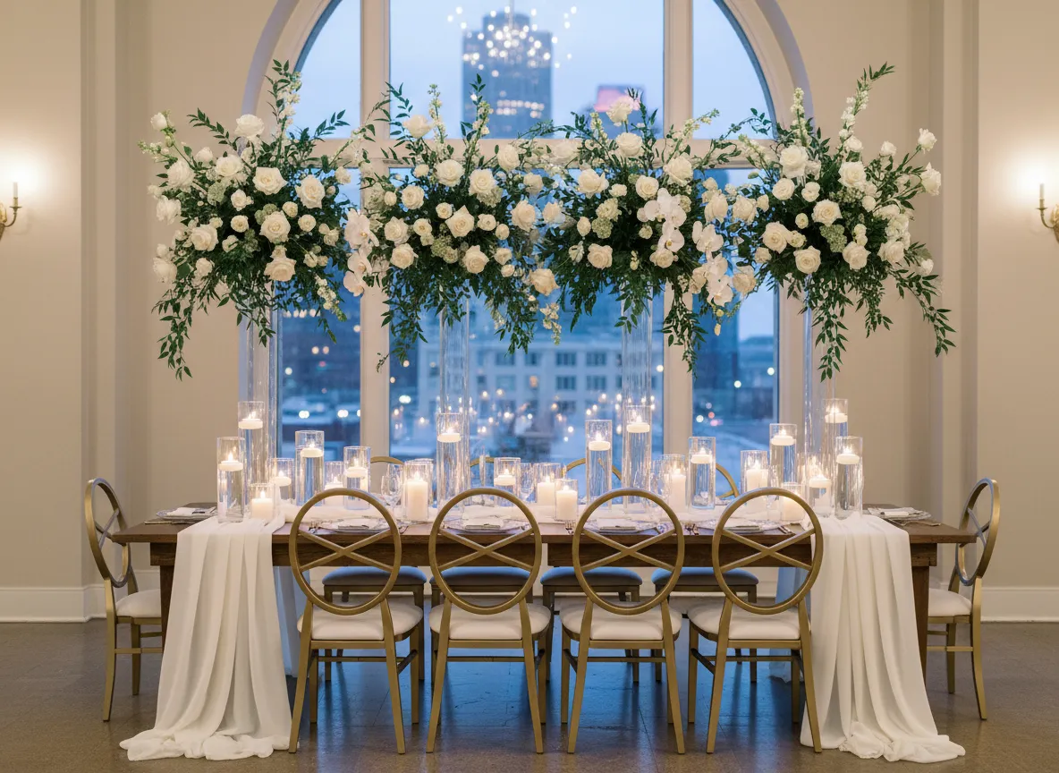 elevated floral head table design in Detroit wedding venue