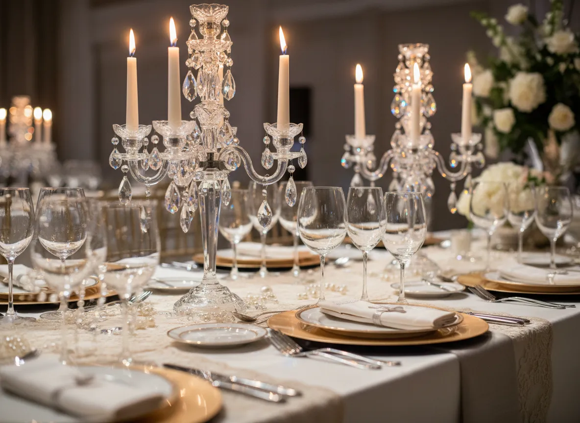 close up of crystal candelabras and chargers on Detroit wedding head table