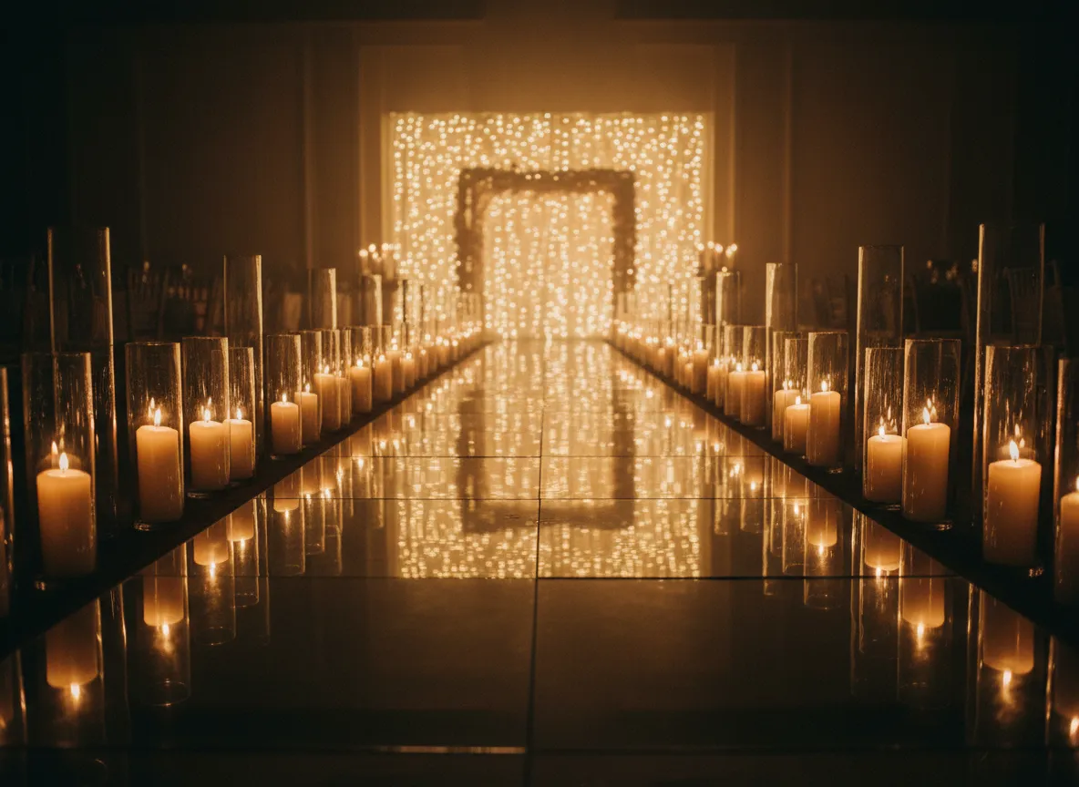 Mirror runway with candles lining the aisle