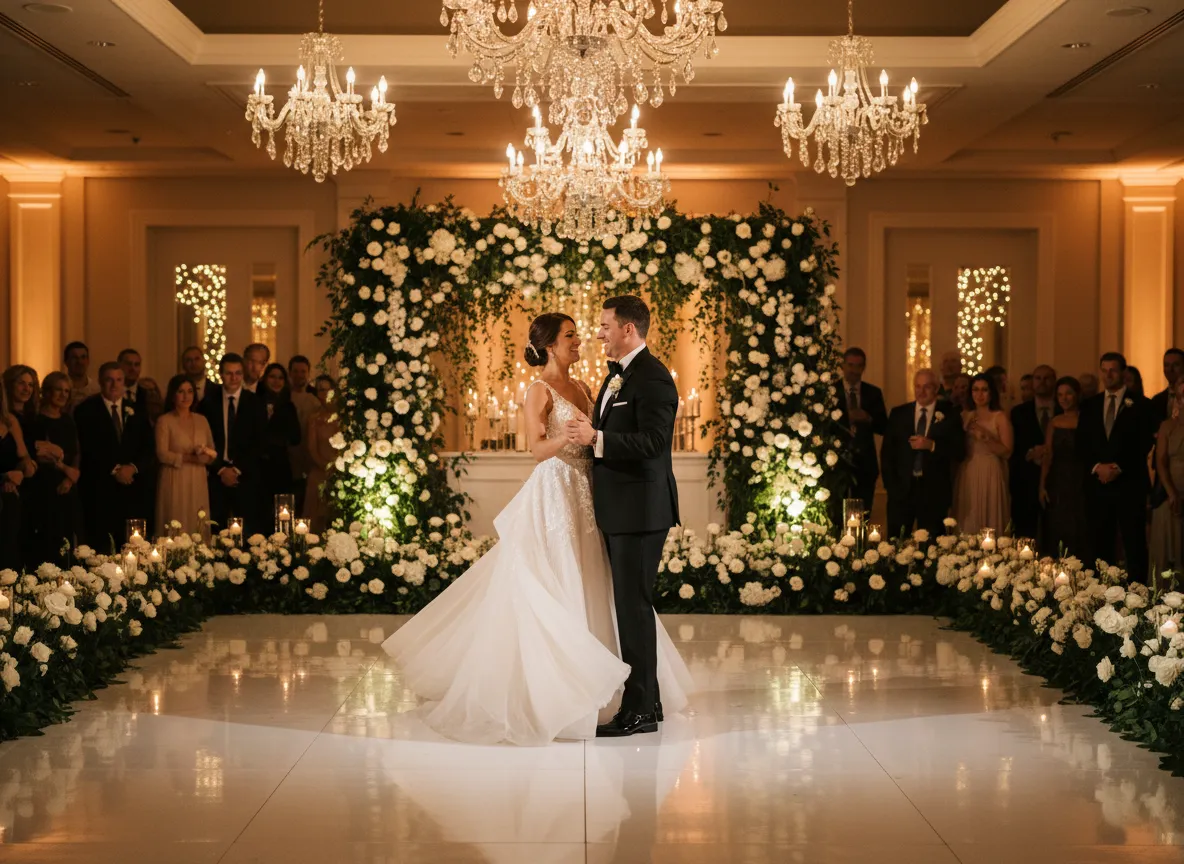 Wedding first dance on a white dance floor with floral decor