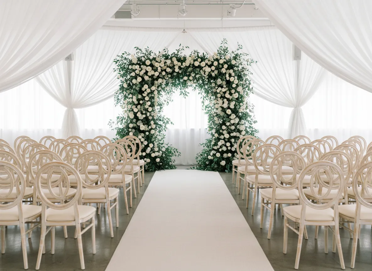 ceremony seating layout with floral backdrop in Detroit venue