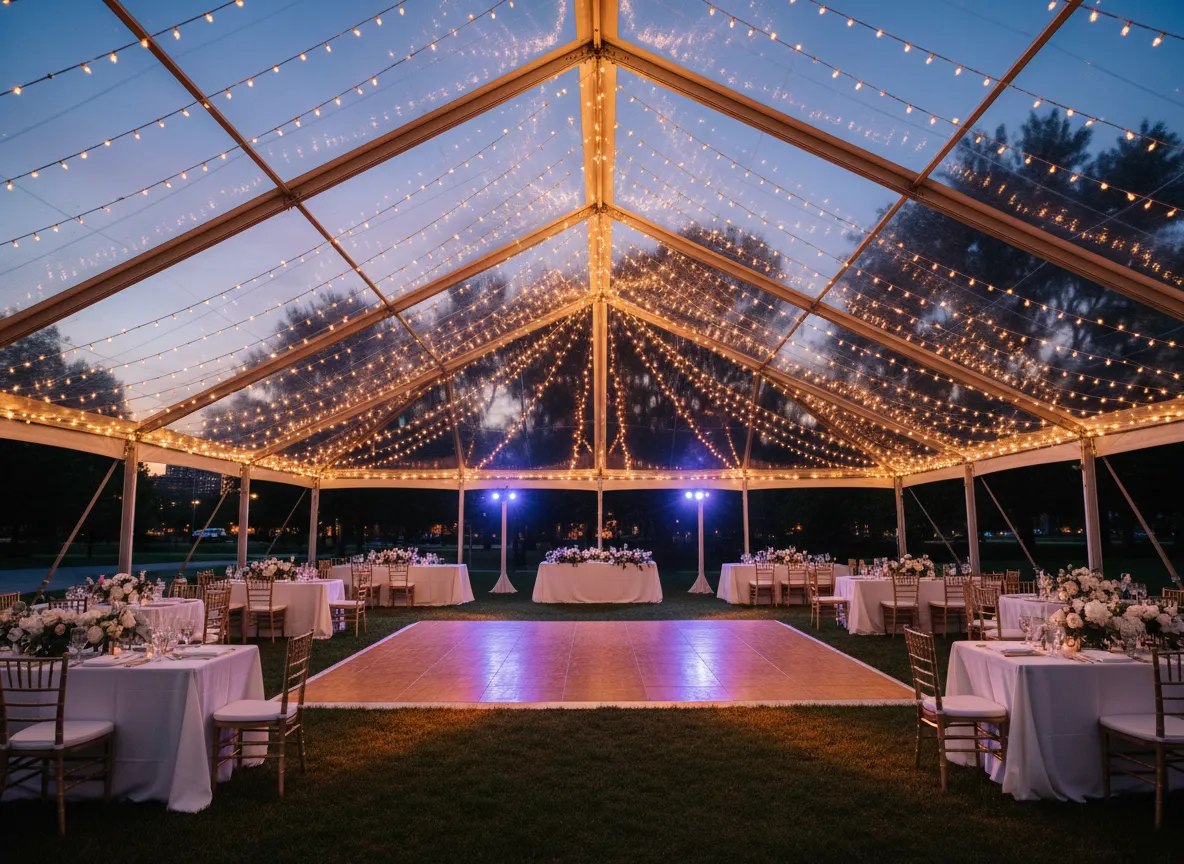 outdoor tent wedding reception in Metro Detroit with dance floor and lighting