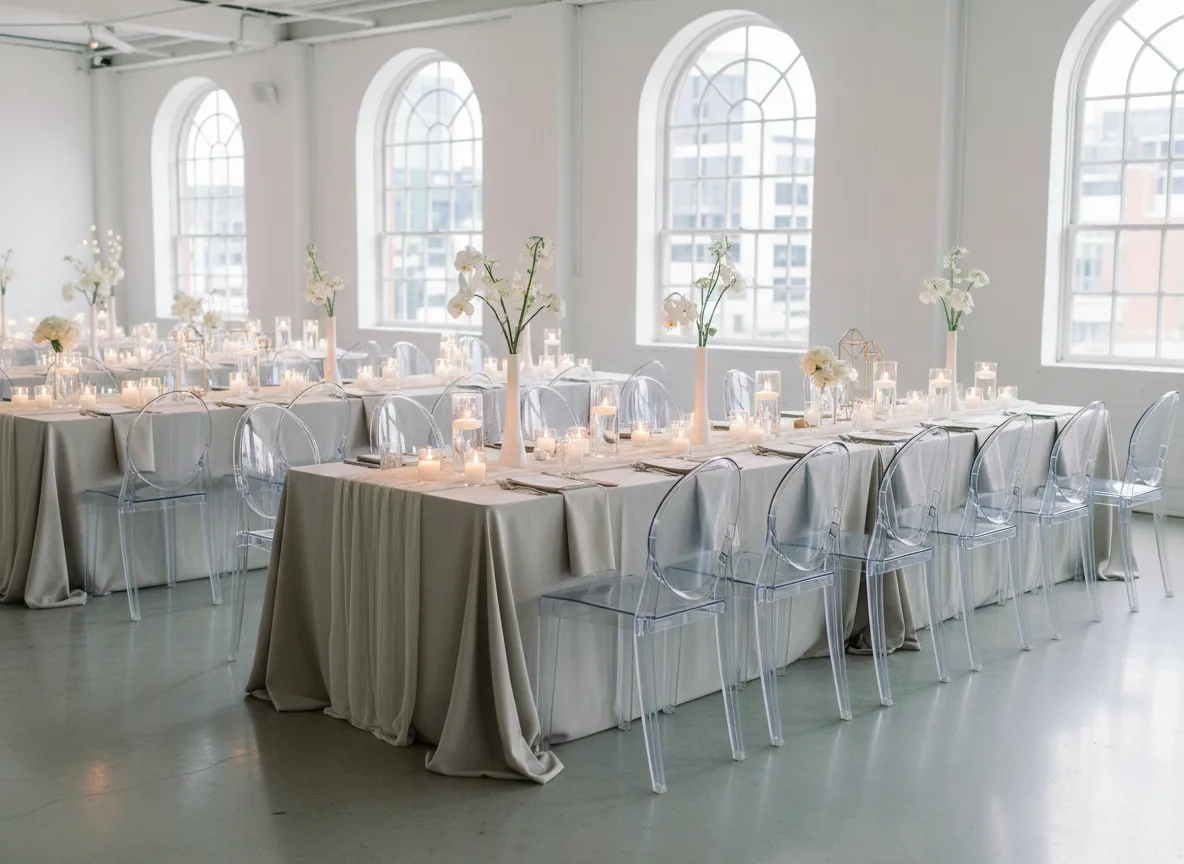 modern ghost chair reception layout in Detroit wedding venue