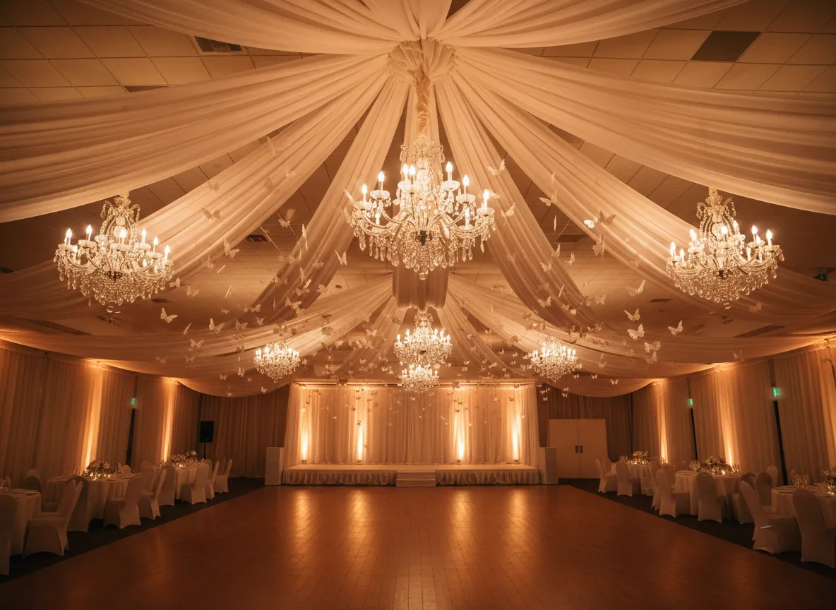 Butterfly ceiling wedding installation with draping and chandeliers