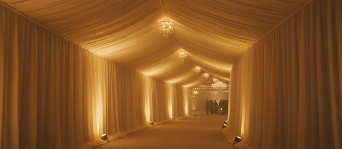 Grand entrance tunnel ceiling with draping and lighting