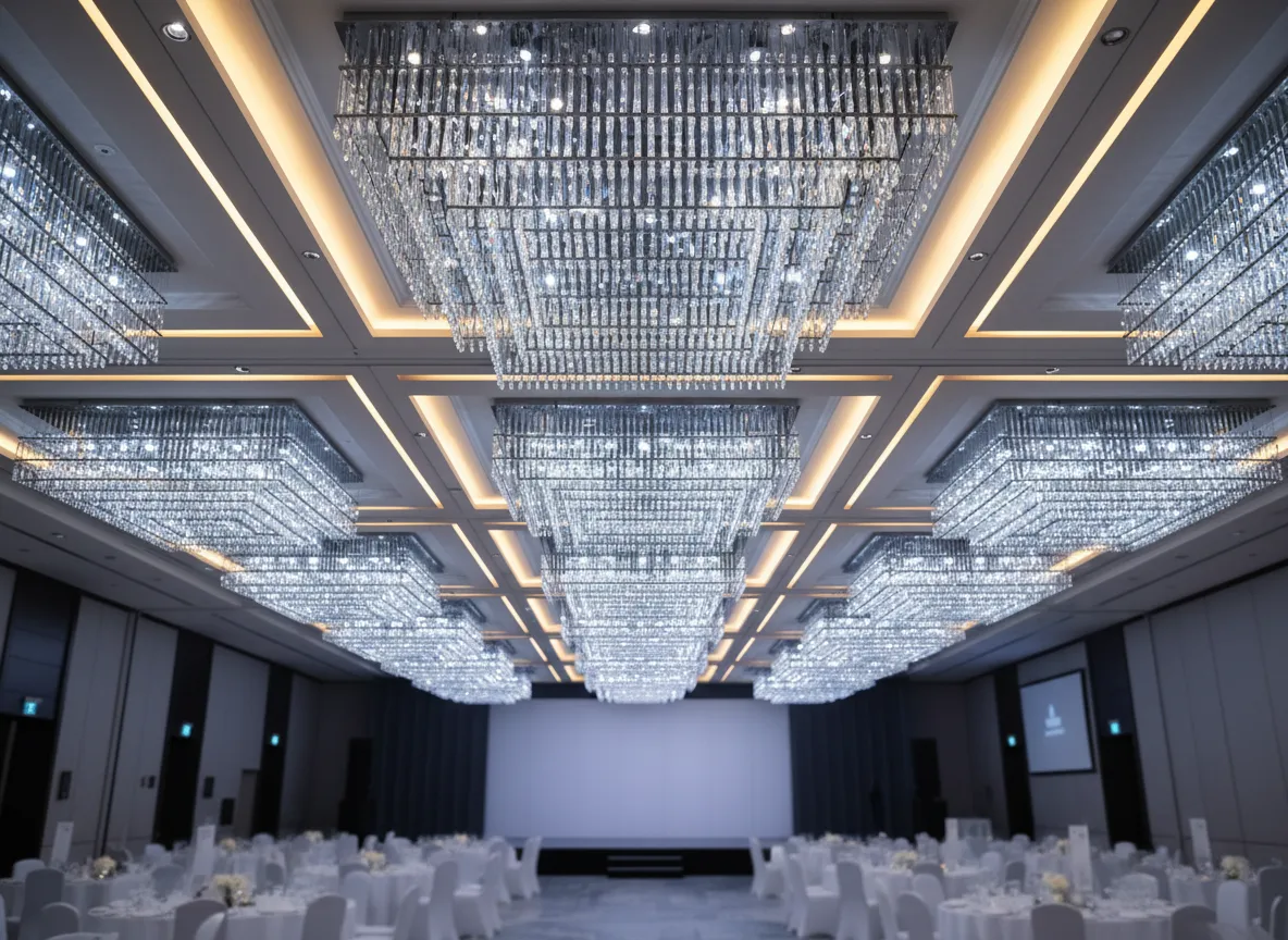 Corporate gala with statement ceiling lighting and chandeliers
