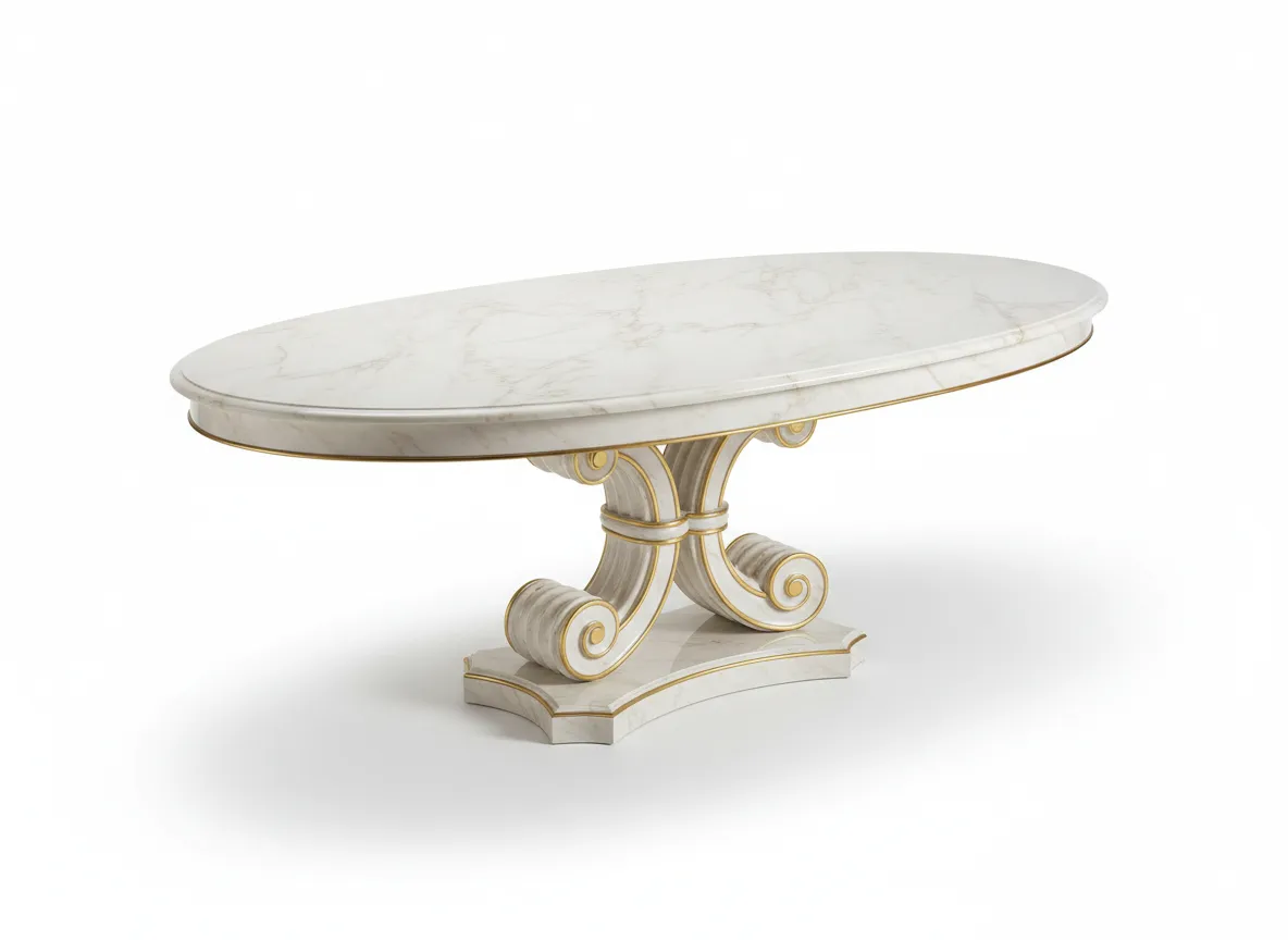 Roman oval head table rental with elegant place settings in Metro Detroit