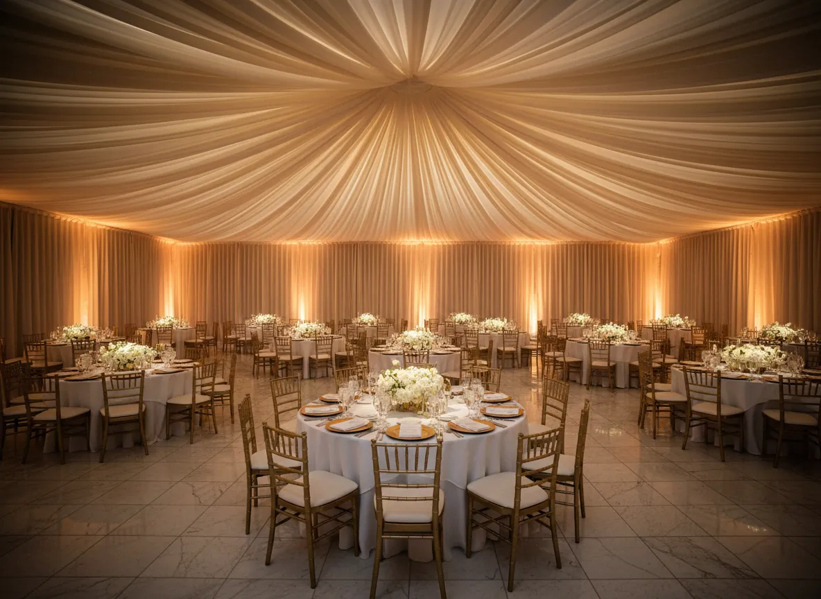 Luxury wedding ceiling draping installation in Metro Detroit ballroom with ivory fabric and uplighting