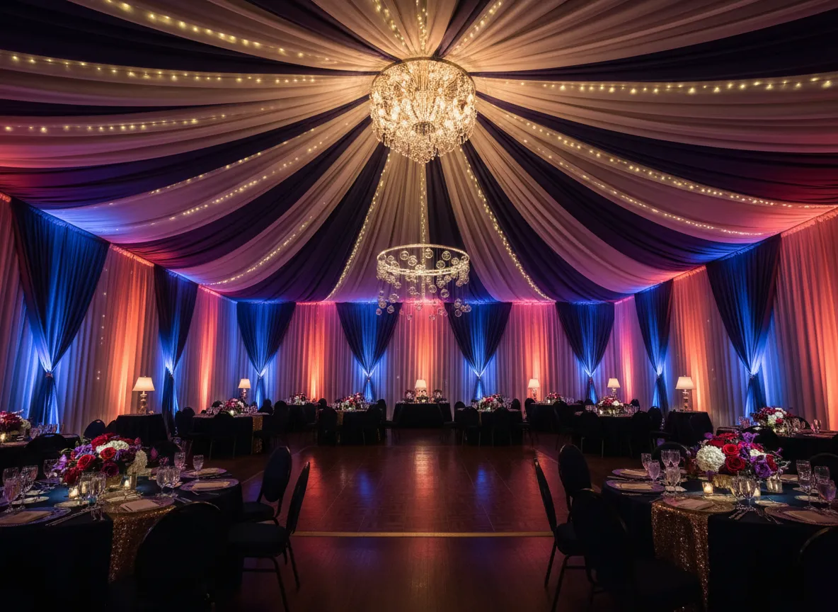 Full ballroom draping setup with ceiling decor and uplighting in Metro Detroit