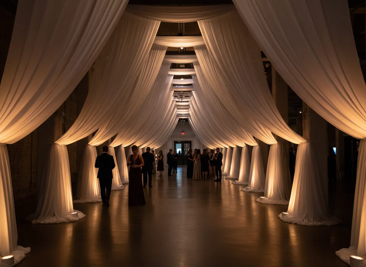 Tunnel entrance draping design with soft lighting in Detroit event space